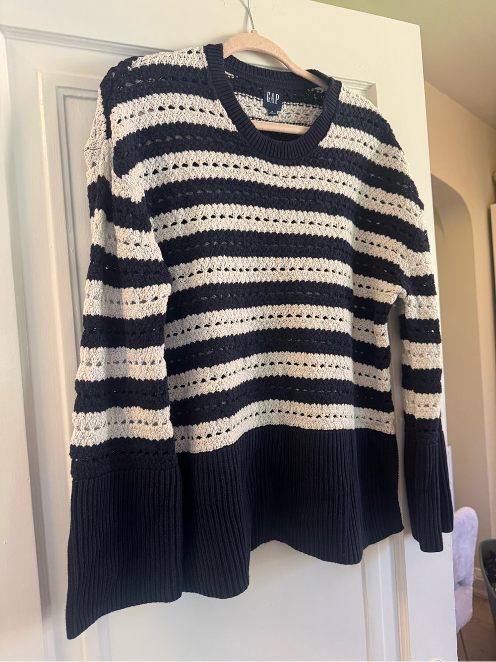 GAP Navy and White Striped Cotton Crochet sweater